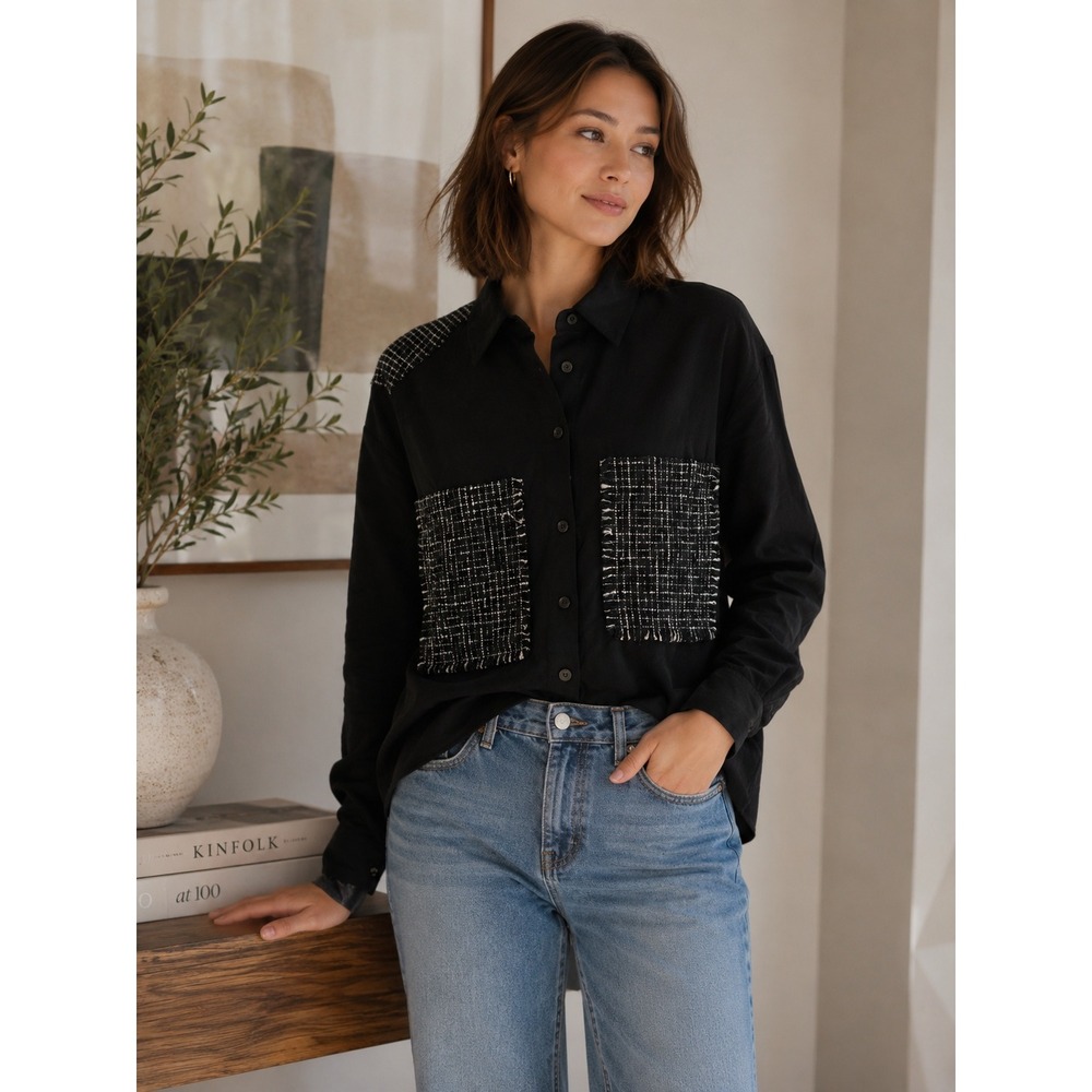 Zara‎ Shirt Womens Medium Black Sheer Tweed Patchwork Dark Academia Goth